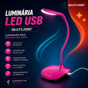 Luminária Led Usb Painel Touch Rosa Multilaser - Ac273 Rosa