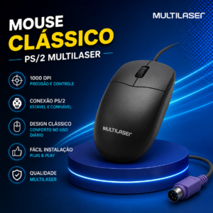 Mouse Clássico Ps2 Multilaser 1200DPI - PRETO - 3 BOTÕES - MO031